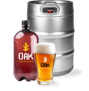 Barril, growler e copo com a marca Oak, imagem do catálogo oficial